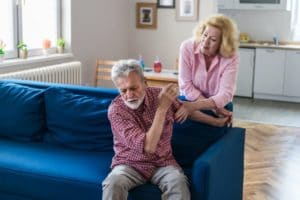 Senior Woman accuses her husband. Family arguing, disagreement concept