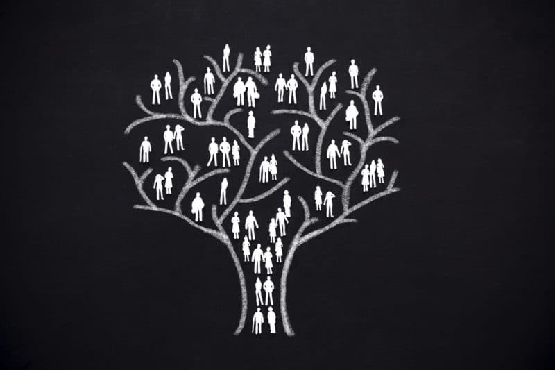 tree with human man and woman silhouettes instead of leaves. Concept of social network, teamwork and family tree.