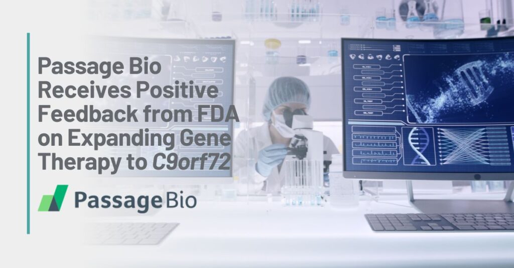 Prova di passaggio Bio in espansione a C9orf72 - FB LI TW Graphic title: Passage Bio Receives Positive Feedback from FDA on Expanding Gene Therapy to C9orf72. Image: Person working in lab, looking through microscope