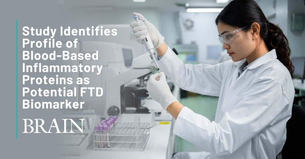 Text: Study Identifies Profile of Blood-Based Inflammatory Proteins as Potential FTD Biomarker | Background: A female scientist uses a dropper to add serum to a test tube for analysis