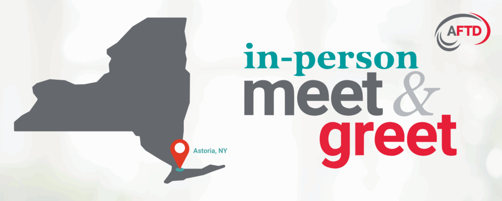 Text: In Person Meet & Greet - Astoria, NY | Background: A map of New York with a pin placed on Astoria