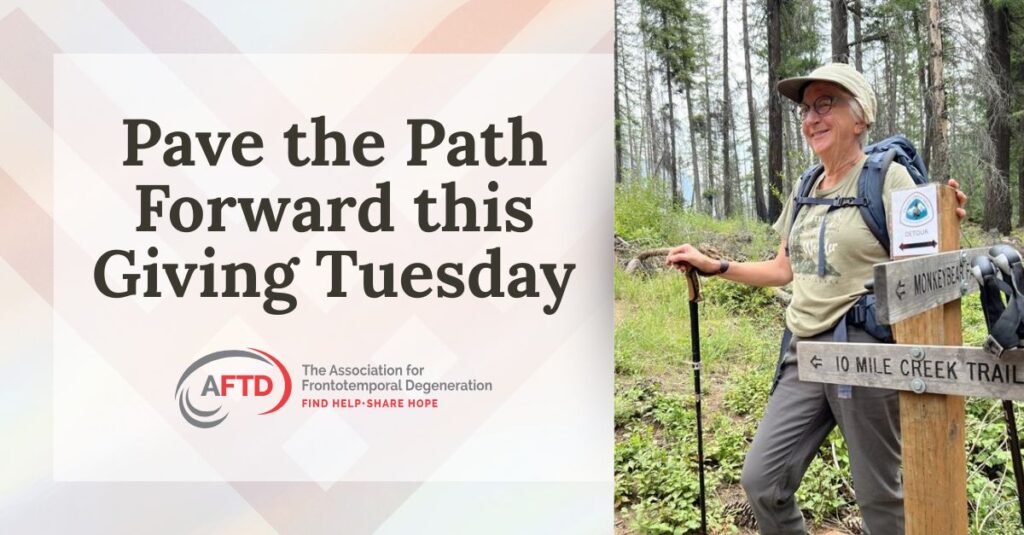 Graphic Text: Pave the Path Forward this Giving Tuesday | Background: Sandy Howe hiking in the woods of the Pacific Northwest