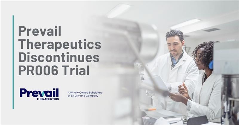 Graphic Text: Prevail Therapeutics Discontinues PR006 Trial Background: A pair of researchers in a lab discuss results of a test